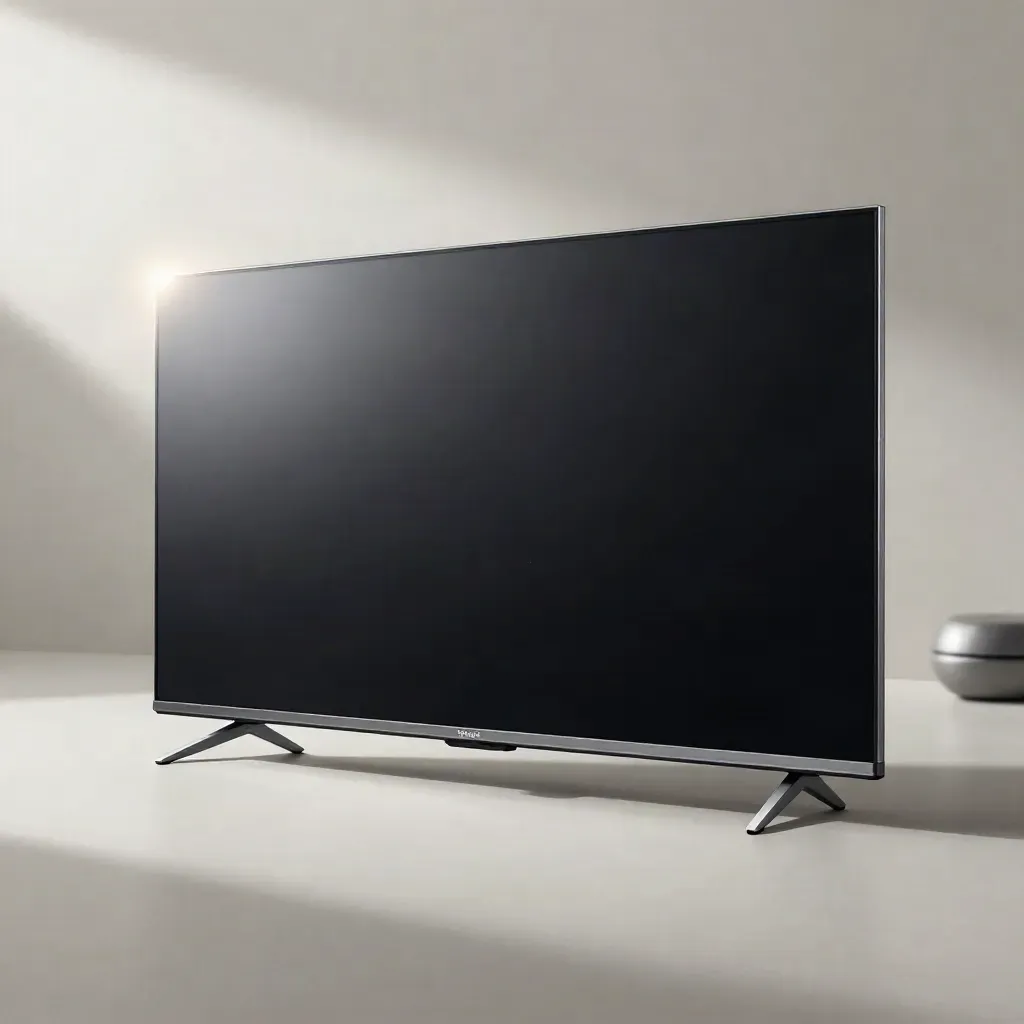 TV QLED sospeso su fondo chiaro con bordo argentato e luce morbida da studio