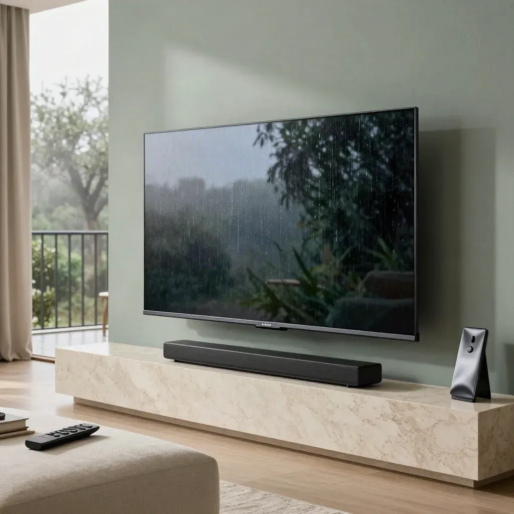 TV OLED da 55 pollici con soundbar e telecomando in un salotto italiano dopo la pioggia
