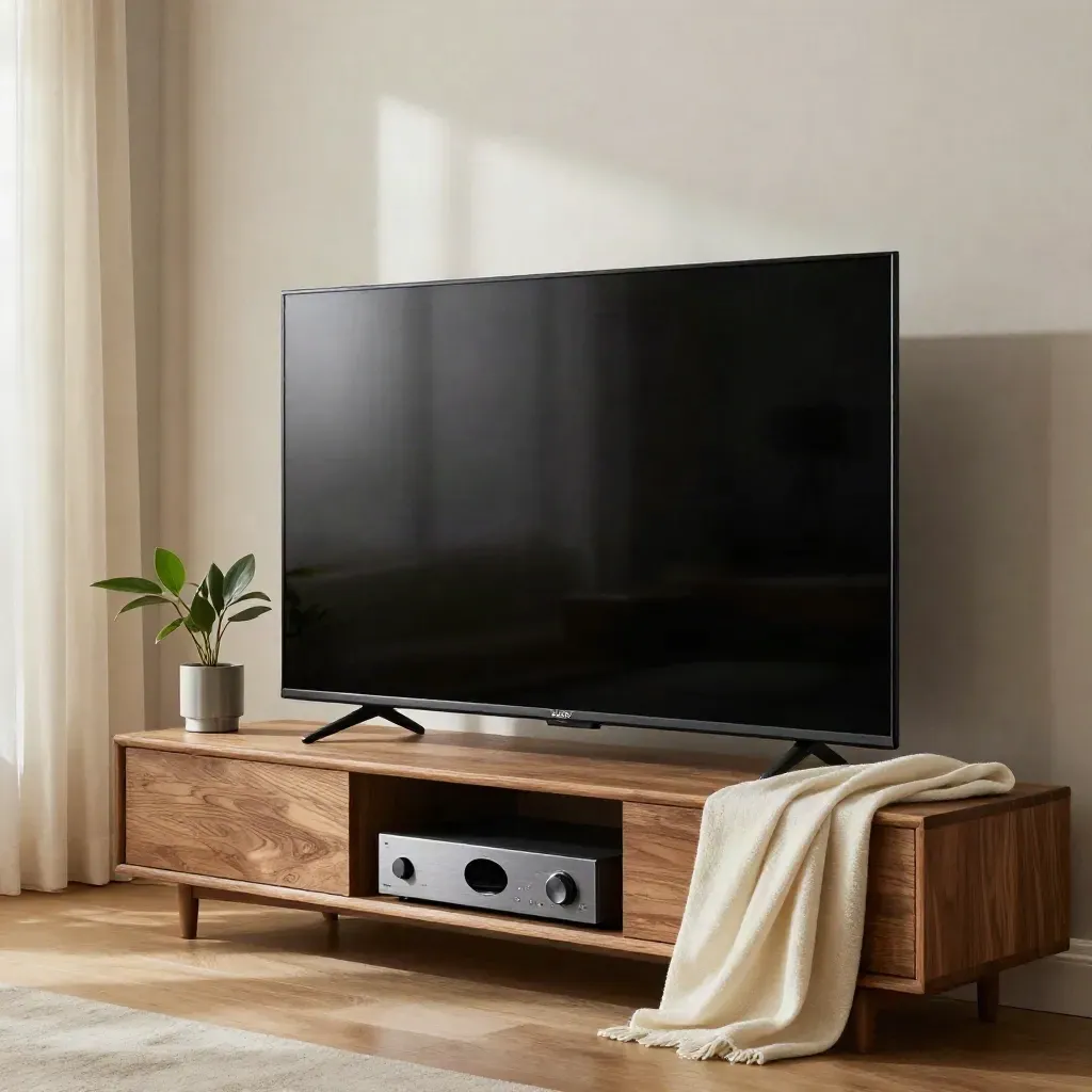 TV Sony Bravia in salotto con tavolino in rovere, pianta morbida e luce dalle tende.