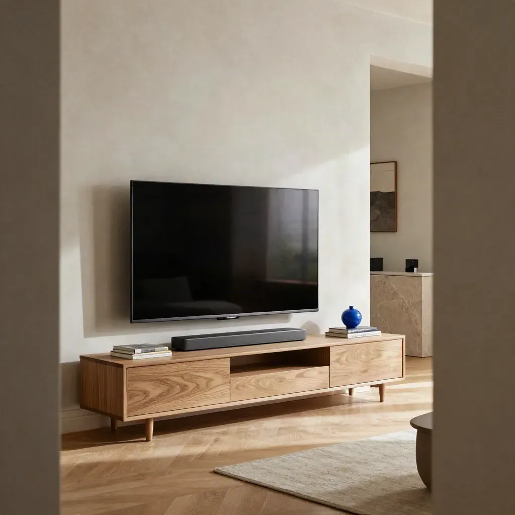 TV a schermo piatto con soundbar sottile in un salotto luminoso e moderno.
