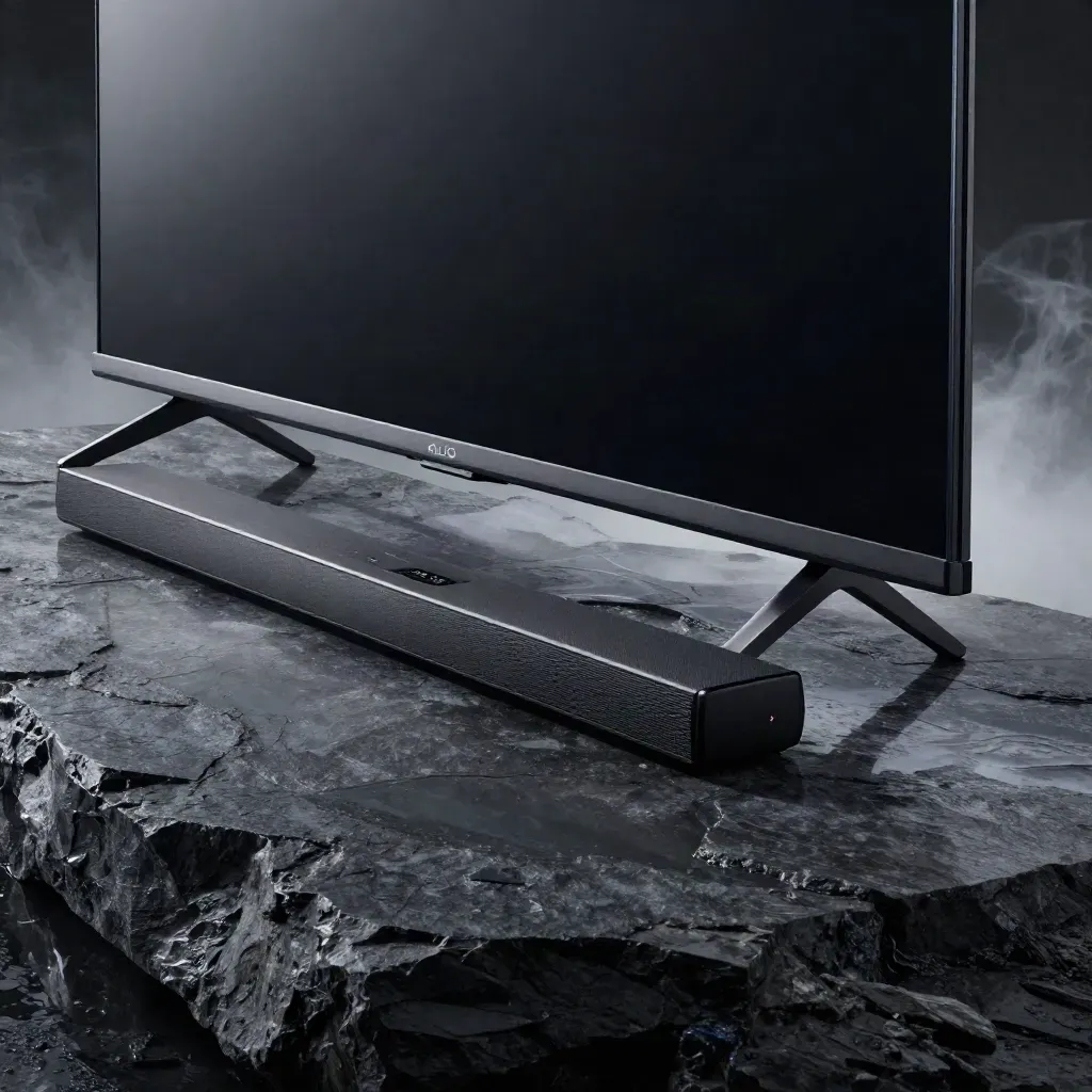 TV OLED nero su pietra bagnata con soundbar, luce drammatica e vapore sottile