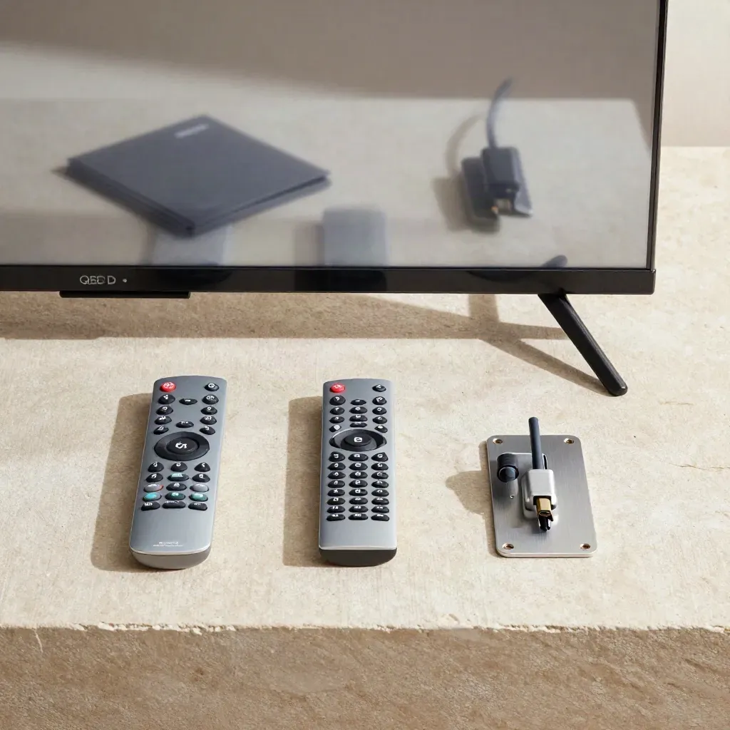 Flat lay dall’alto di TV QLED, telecomando, cavo HDMI e supporto su lino chiaro.