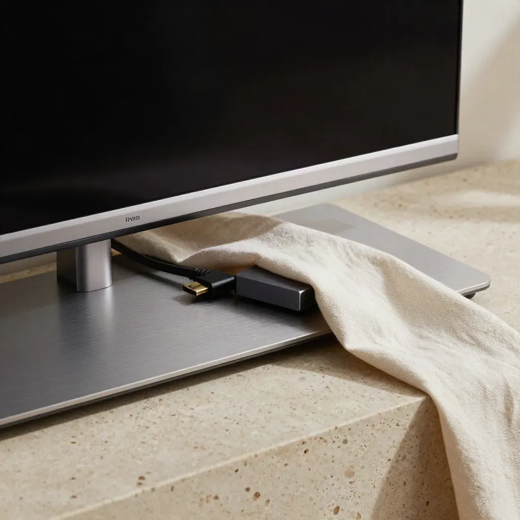 TV 43 pollici appena scartato, avvolto in lino morbido con base metallica e accessori su travertino.