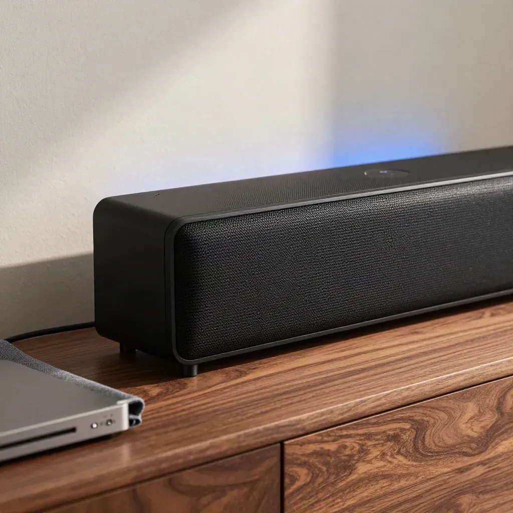 Soundbar nera in primo piano su madia in legno, luce morbida e sfondo domestico sfocato