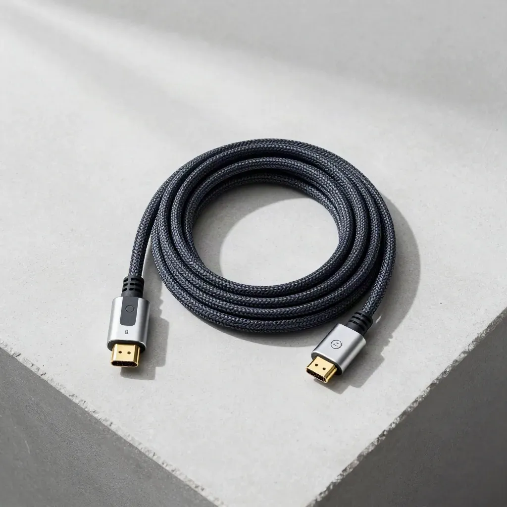 Cavo HDMI arrotolato con clip e adattatore su superficie chiara, ripresa dall’alto.