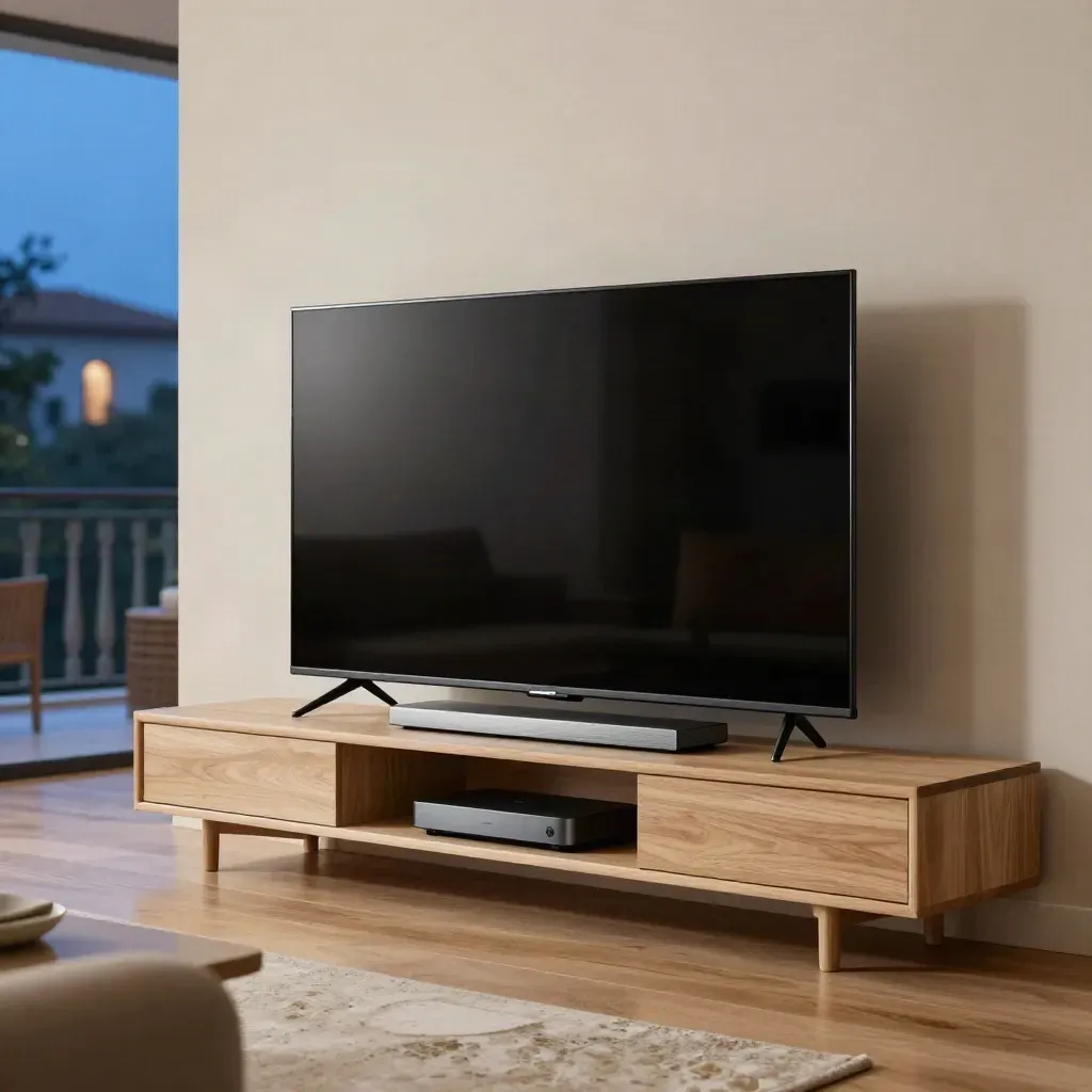 TV 55 pollici con soundbar e streaming device in salotto, luce blu della sera.