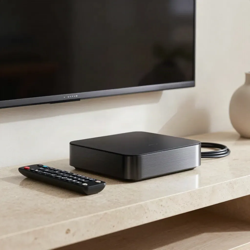 Streaming box nero con telecomando metallico e cavo ordinato su travertino, TV sfocata dietro.