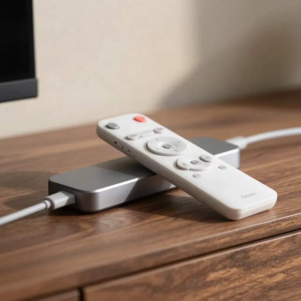 Chromecast, telecomando bianco e cavo corto su legno caldo, in macro elegante.