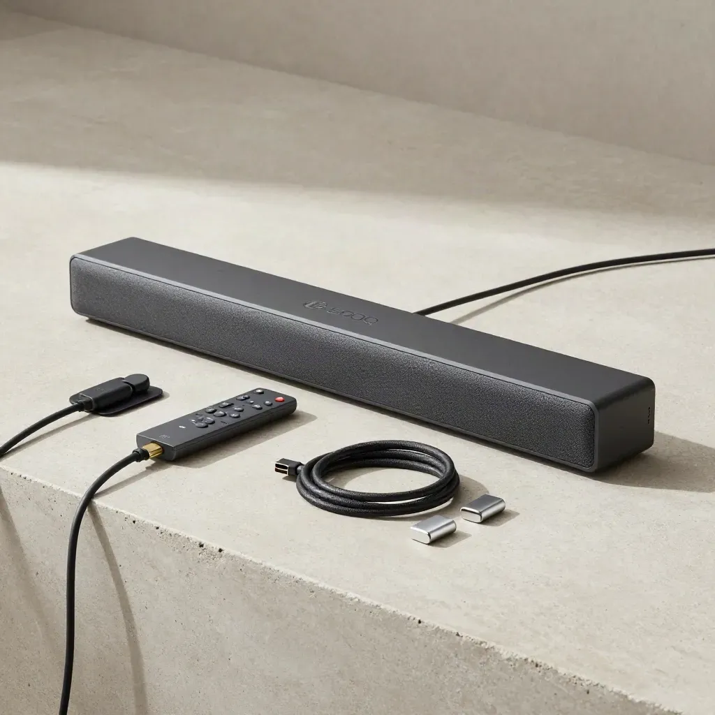 Flatlay dall’alto di soundbar, telecomando e cavi su lastra di cemento chiaro.