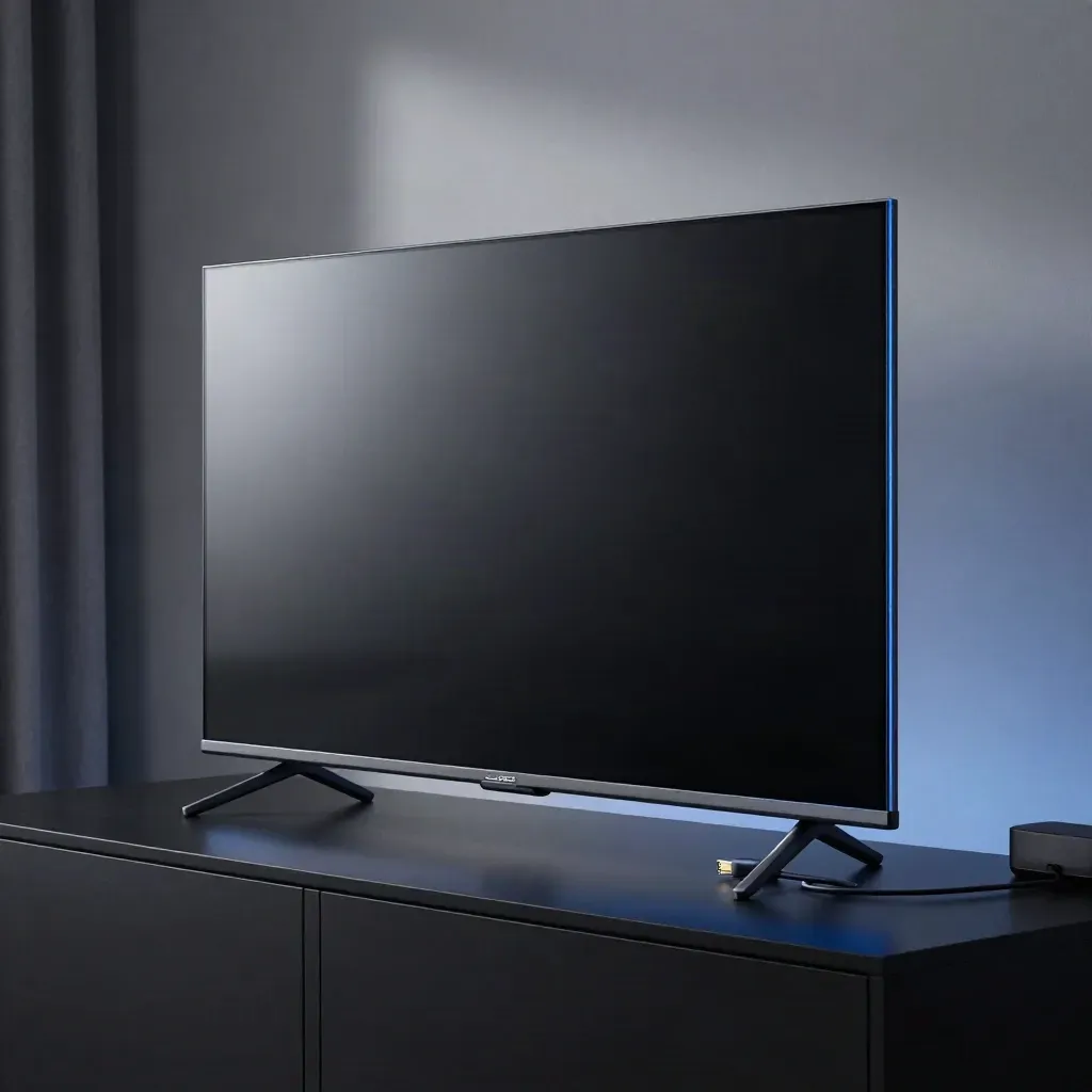 TV QLED sottile su base nera con riflesso blu elettrico e lieve foschia
