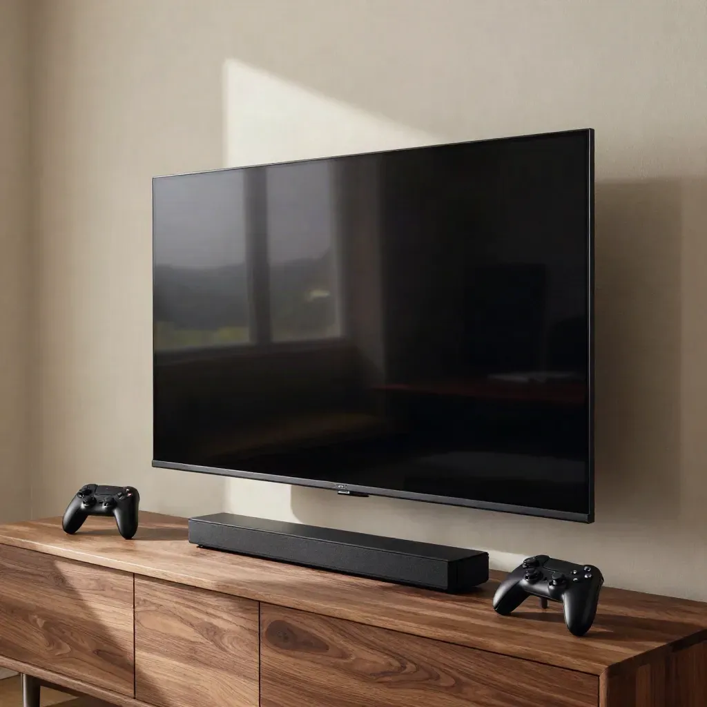 TV OLED in un angolo gaming elegante con gamepad e console minimale