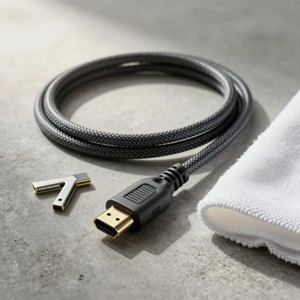 Cavo HDMI intrecciato con clip e panno piegato su cemento chiaro