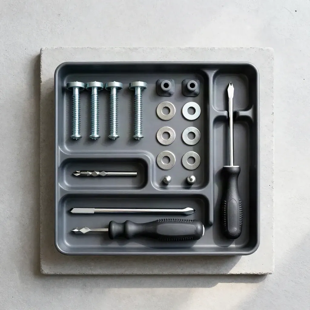 Kit installazione TV ordinato in vassoio grigio con viti, tasselli e mini utensili su cemento chiaro.