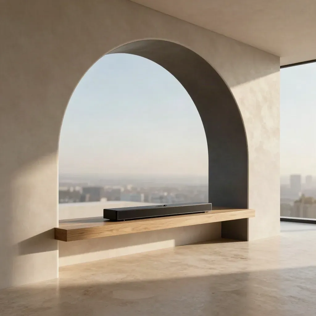 Arco moderno, parete chiara e soundbar nera sotto una luce naturale morbida.