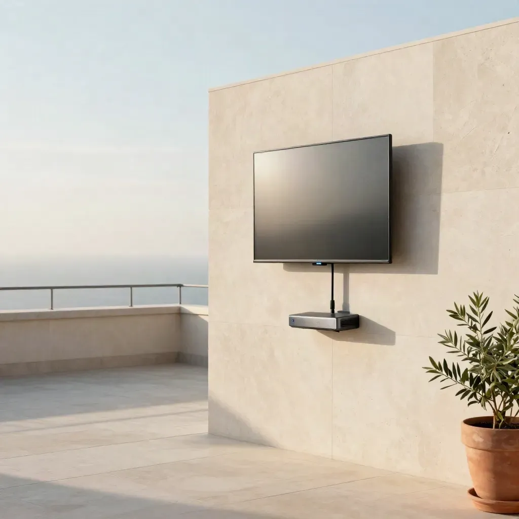 Terrazza urbana luminosa con supporto muro, piante leggere e luce costiera