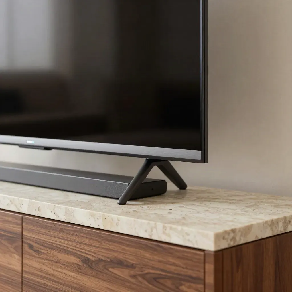 Dettaglio macro di TV OLED e montaggio su parete chiara in un salotto italiano luminoso